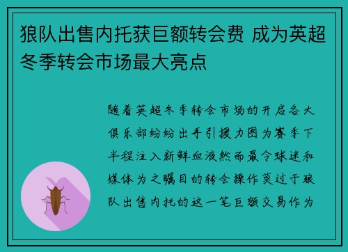 狼队出售内托获巨额转会费 成为英超冬季转会市场最大亮点